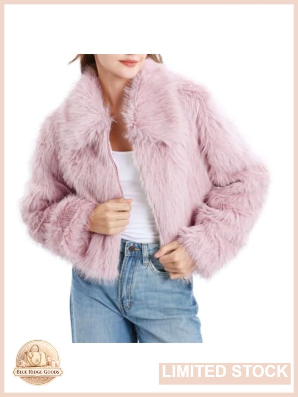 Womens Faux Fur Zip-Up Cropped Jacket Long Sleeve Warm Winter Coat